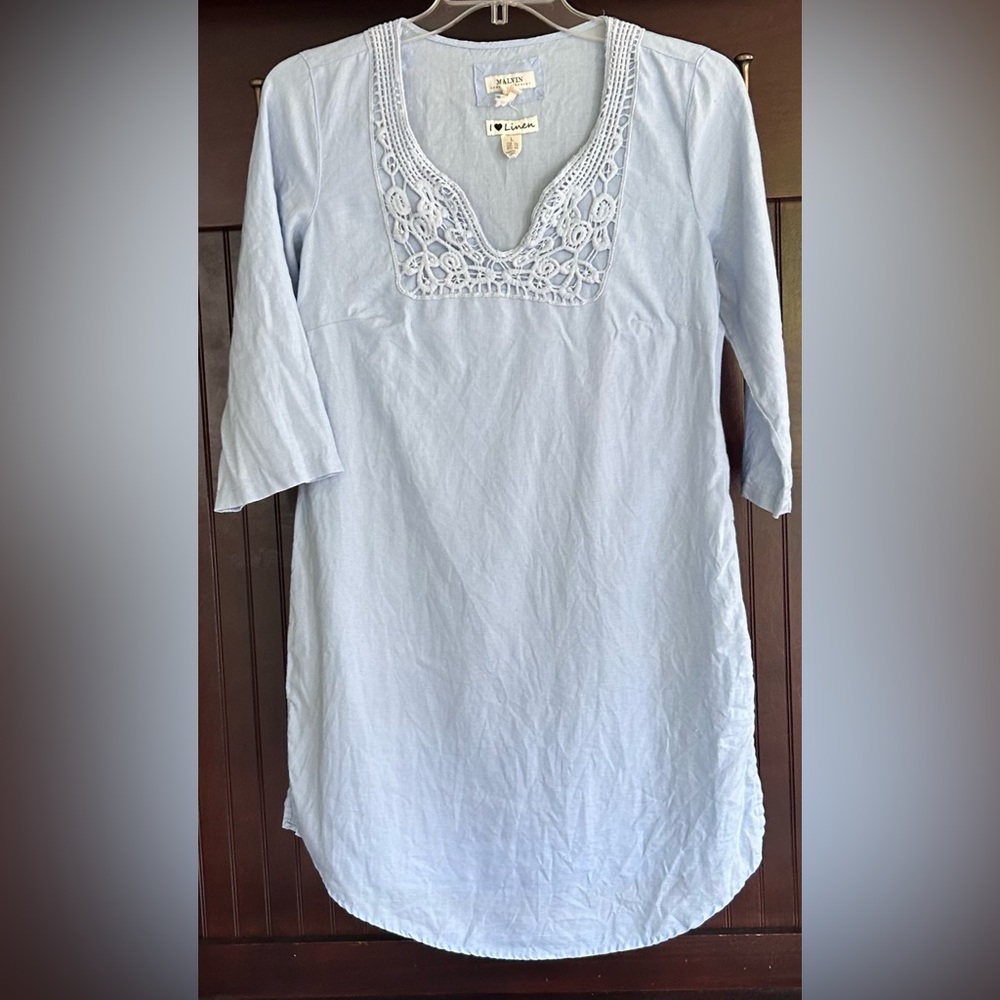Malvin Hamburg Linen Crochet Blue 3/4 Sleeve Shift Dress Coastal Breathable Sz L - Picture 3 of 9